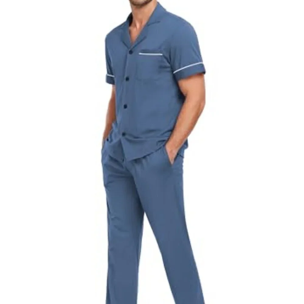 Men's Cotton Pajama Set Short Sleeve Button Down Lounge Sleepwear Classic Comfy